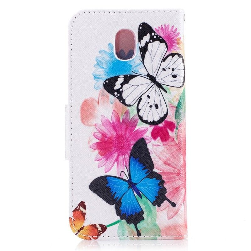 Leren Hoesje voor Samsung Galaxy J3 2017 Lichtblauw Roze Geschilderde Vlinders En Bloemen