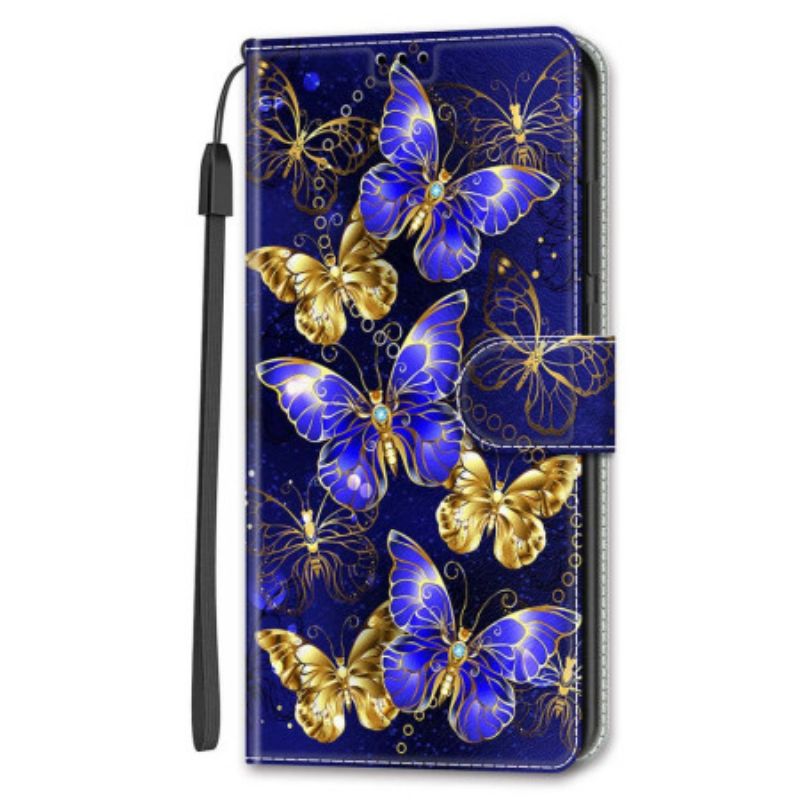 Bescherming Hoesje Samsung Galaxy S24 5g Gouden En Blauwe Vlinders Met Riem