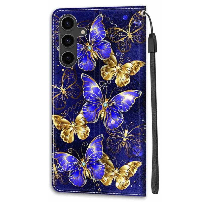 Bescherming Hoesje Samsung Galaxy S24 5g Gouden En Blauwe Vlinders Met Riem