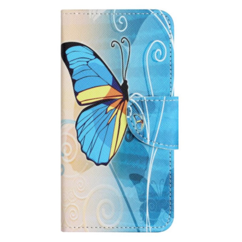 Flip Case Leren Samsung Galaxy S24 5g Blauwe En Gele Vlinder Met Riem