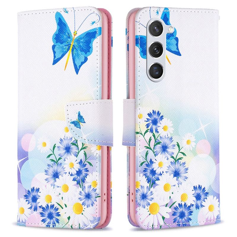 Flip Case Leren Samsung Galaxy S24 5g Blauwe Vlinders En Bloemen