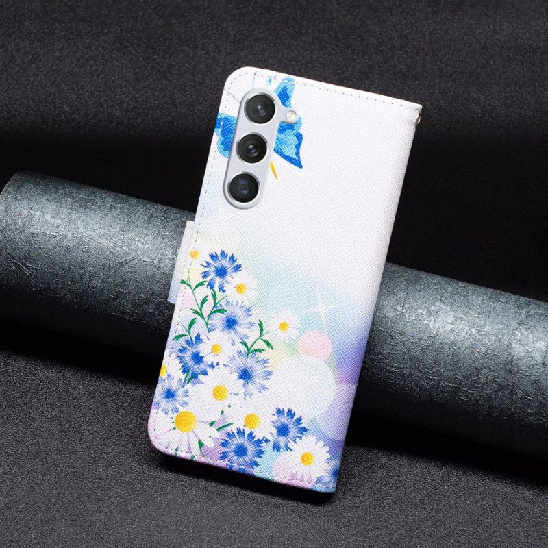 Flip Case Leren Samsung Galaxy S24 5g Blauwe Vlinders En Bloemen