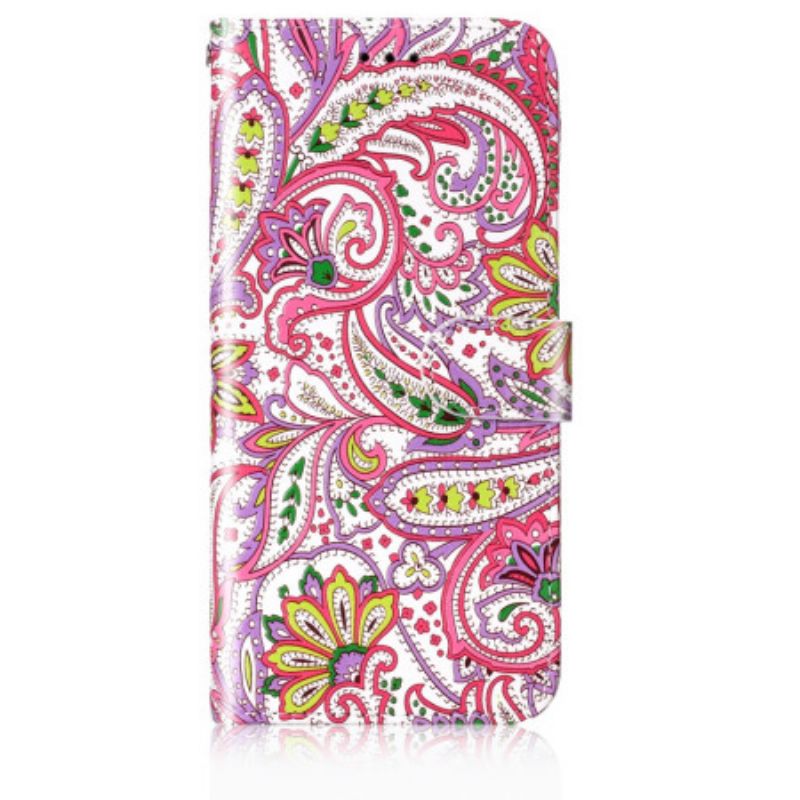 Flip Case Leren Samsung Galaxy S24 5g Roze Bloemmotief Met Riempje