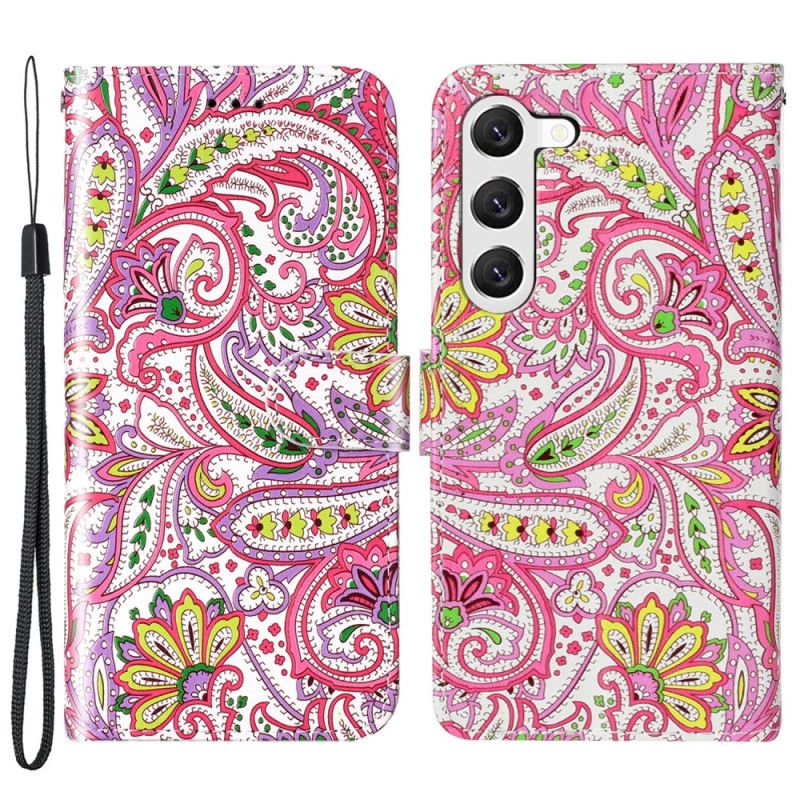 Flip Case Leren Samsung Galaxy S24 5g Roze Bloemmotief Met Riempje