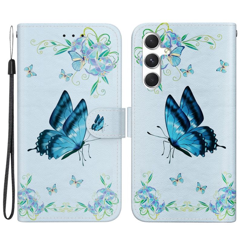 Leren Hoesje Samsung Galaxy S24 5g Blauwe Vlinder En Bloemen Bescherming Hoesje