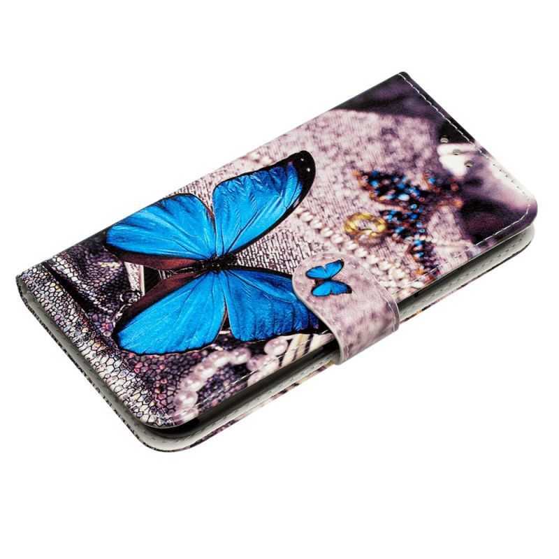 Leren Hoesje Samsung Galaxy S24 5g Blauwe Vlinder Met Riem Bescherming Hoesje