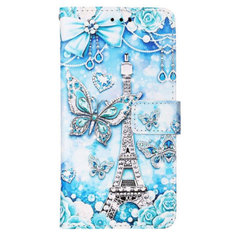 Leren Hoesje Samsung Galaxy S24 5g Eiffeltoren En Vlinders Met Riem Bescherming Hoesje