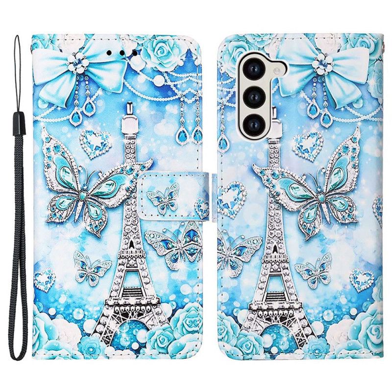 Leren Hoesje Samsung Galaxy S24 5g Eiffeltoren En Vlinders Met Riem Bescherming Hoesje