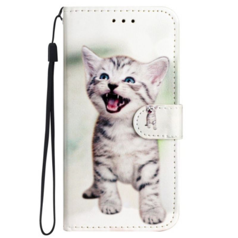 Leren Hoesje Samsung Galaxy S24 5g Grappig Katje Met Riem Bescherming Hoesje