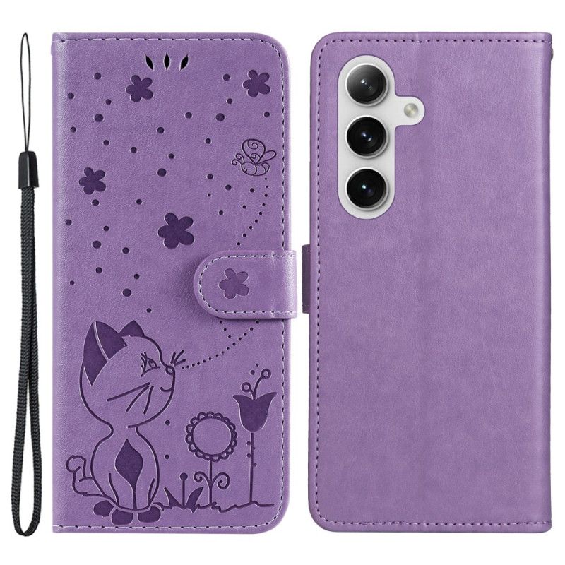 Leren Hoesje Samsung Galaxy S24 5g Kat En Bijen Met Riem Bescherming Hoesje