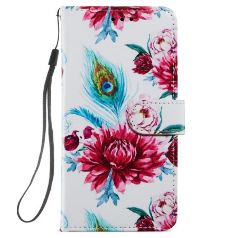 Leren Hoesje Samsung Galaxy S24 5g Kleurrijke Bloemen Met Riempje