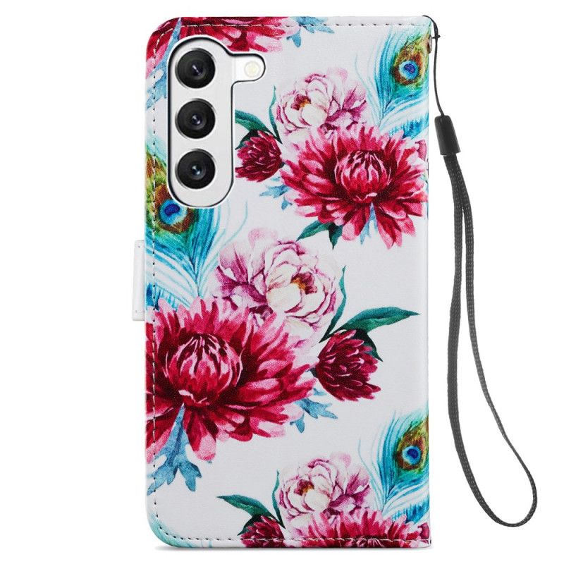 Leren Hoesje Samsung Galaxy S24 5g Kleurrijke Bloemen Met Riempje