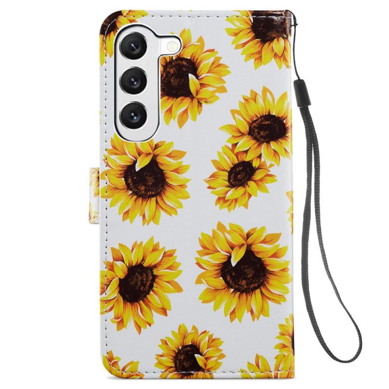 Leren Hoesje Samsung Galaxy S24 5g Riem Zonnebloemen Bescherming Hoesje