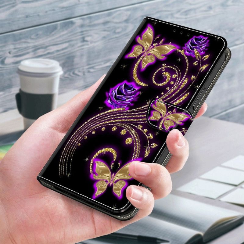 Leren Hoesje Samsung Galaxy S24 5g Violette Bloemen En Vlinders