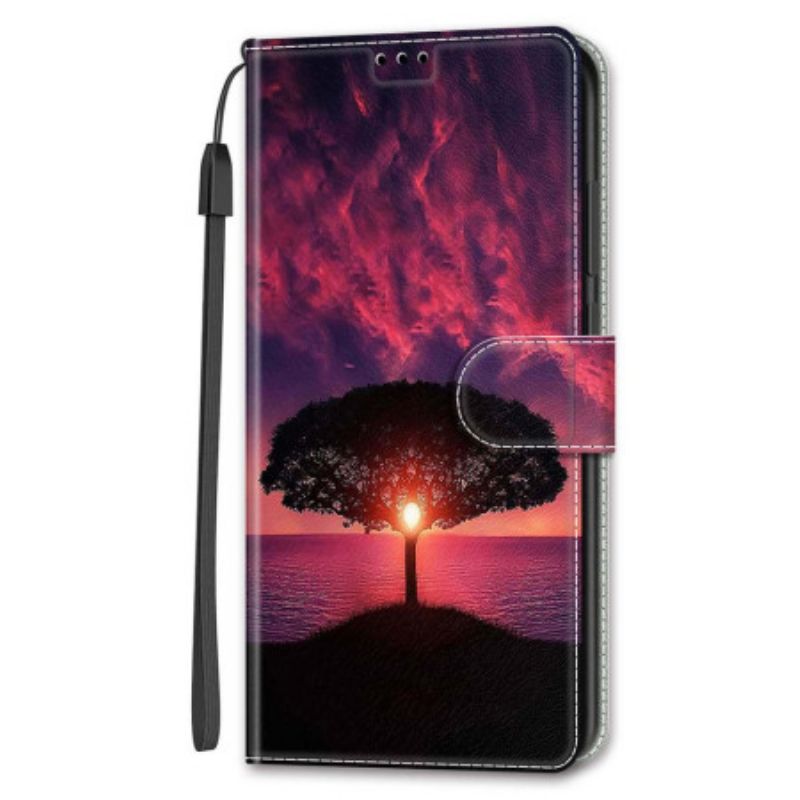 Leren Hoesje Samsung Galaxy S24 5g Zwarte Boom Bij Zonsondergang Met Riem Bescherming Hoesje