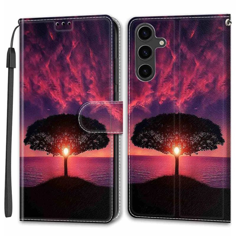 Leren Hoesje Samsung Galaxy S24 5g Zwarte Boom Bij Zonsondergang Met Riem Bescherming Hoesje