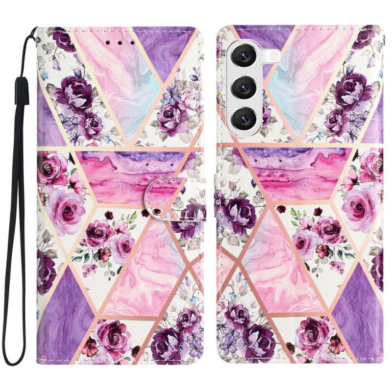 Leren Hoesje Voor Samsung Galaxy S24 5g Marmer Paarse Bloemen Met Riem