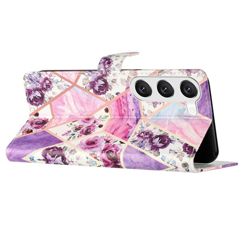 Leren Hoesje Voor Samsung Galaxy S24 5g Marmer Paarse Bloemen Met Riem