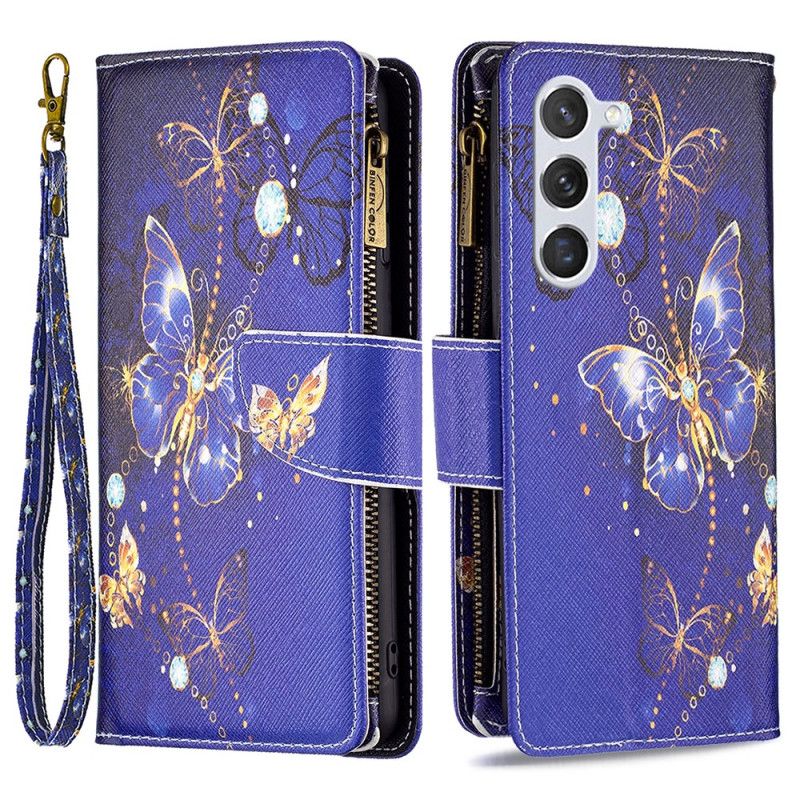 Leren Hoesje Voor Samsung Galaxy S24 5g Portemonnee Met Paarse Vlinders En Riem