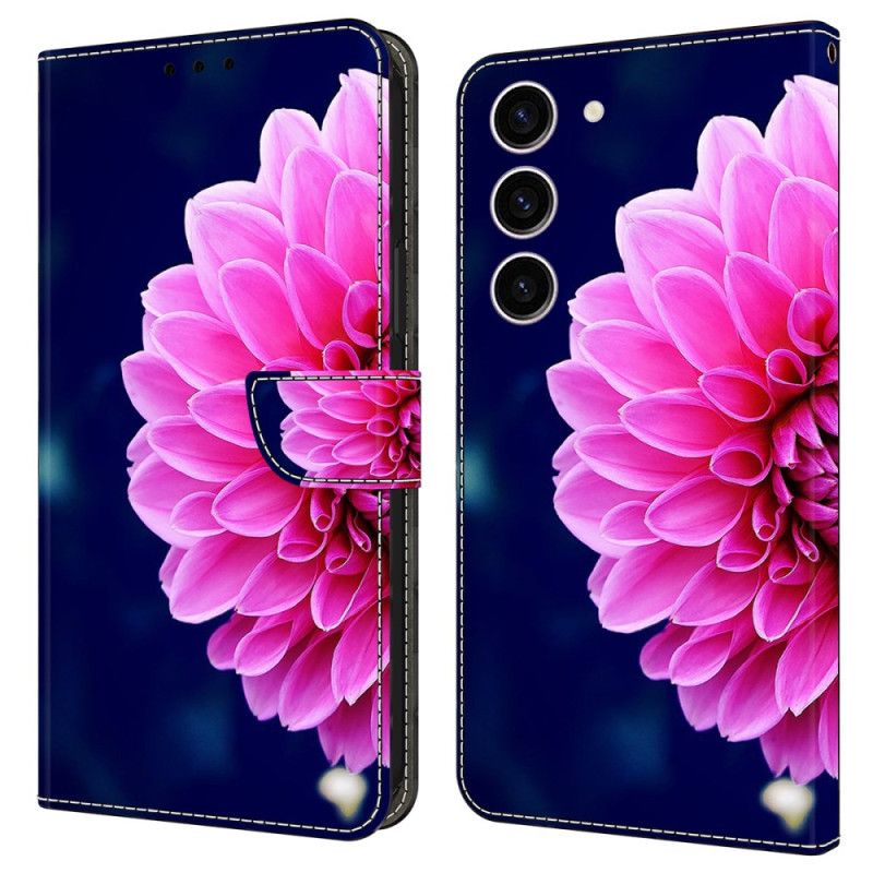 Leren Hoesje Voor Samsung Galaxy S24 5g Roze Bloem Op Blauwe Achtergrond