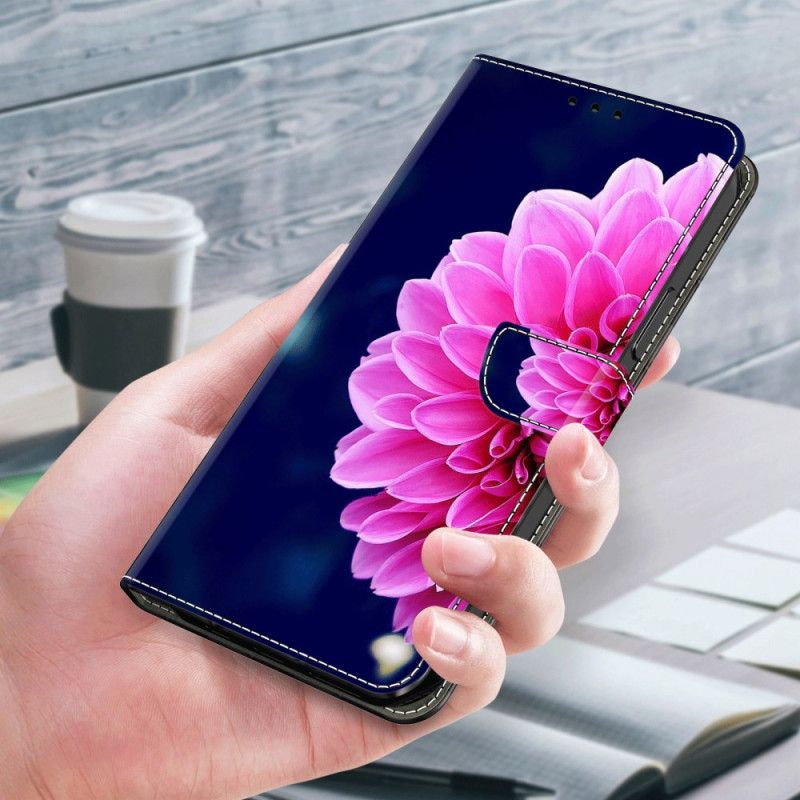 Leren Hoesje Voor Samsung Galaxy S24 5g Roze Bloem Op Blauwe Achtergrond