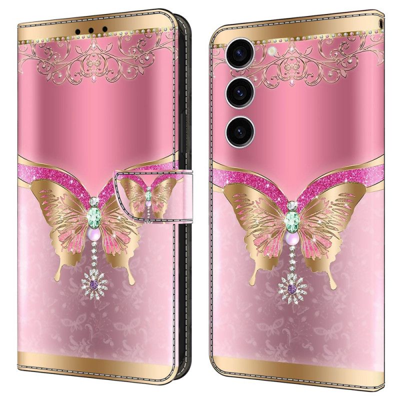 Leren Hoesje Voor Samsung Galaxy S24 5g Roze En Gouden Vlinder