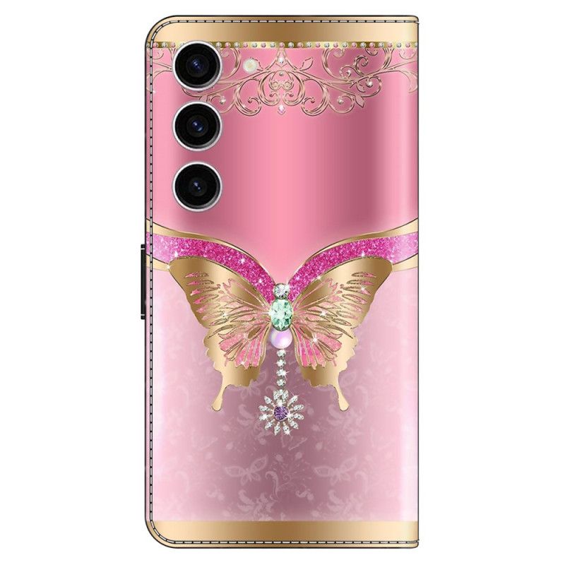 Leren Hoesje Voor Samsung Galaxy S24 5g Roze En Gouden Vlinder