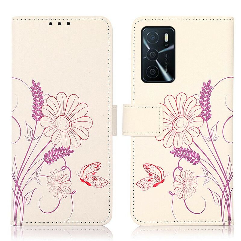 Leren Hoesje Oppo A16 / A16s Vlinders En Bloemen Tekenen Bescherming Hoesje