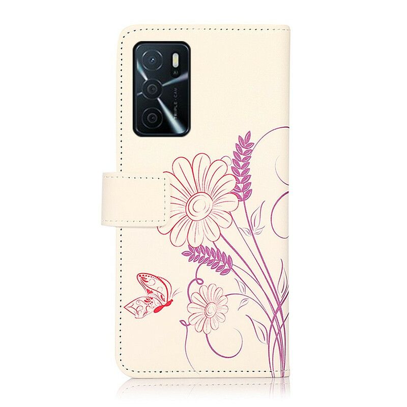 Leren Hoesje Oppo A16 / A16s Vlinders En Bloemen Tekenen Bescherming Hoesje