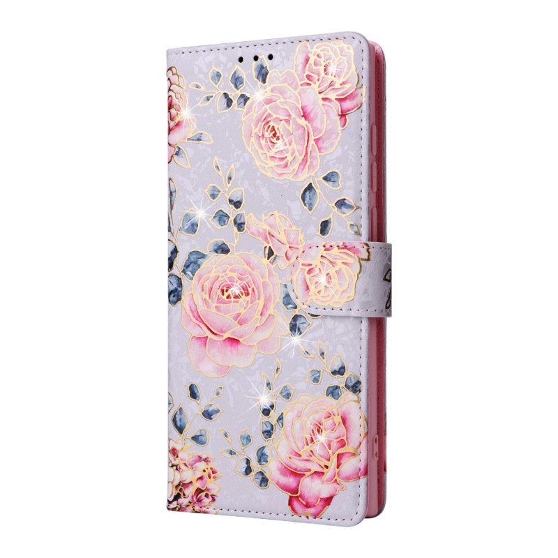 Leren Hoesje voor Samsung Galaxy S23 Ultra 5G Rfid-bloemen Met Sleutelkoord