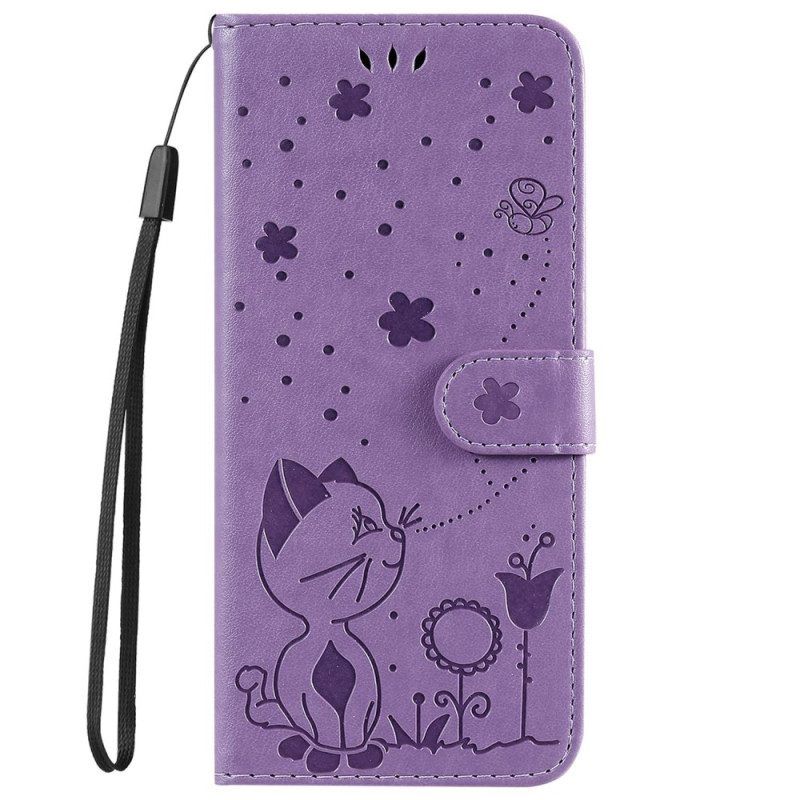 Leren Hoesje voor iPhone 14 Pro Max Met Ketting Strappy Kat En Bijen