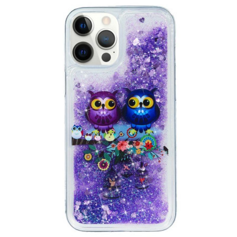 Telefoonhoesje voor iPhone 15 Pro Glitterpaar Uilen