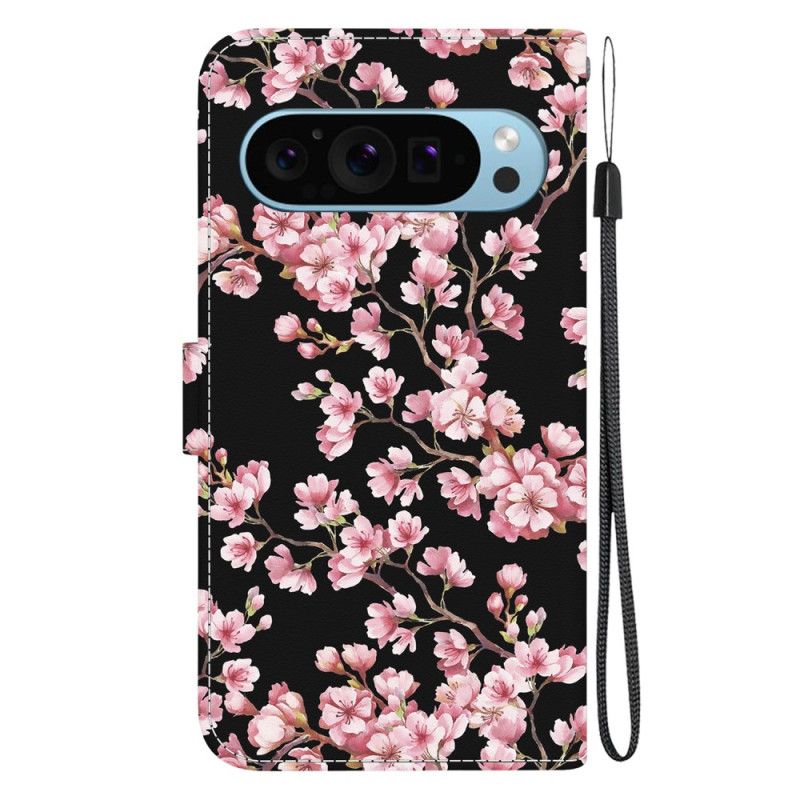 Flip Case Leren Google Pixel 9 Pro Pruimenbloesems Met Riempje