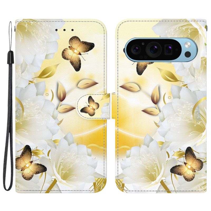 Leren Hoesje Google Pixel 9 Pro Gouden Vlinders En Witte Bloemen Met Riempje