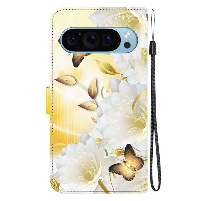 Leren Hoesje Google Pixel 9 Pro Gouden Vlinders En Witte Bloemen Met Riempje