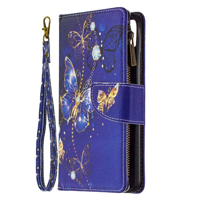 Leren Hoesje Realme C11 Lichtblauw Donkerblauw Telefoonhoesje Zak Met Ritssluiting Met Gouden Vlinders