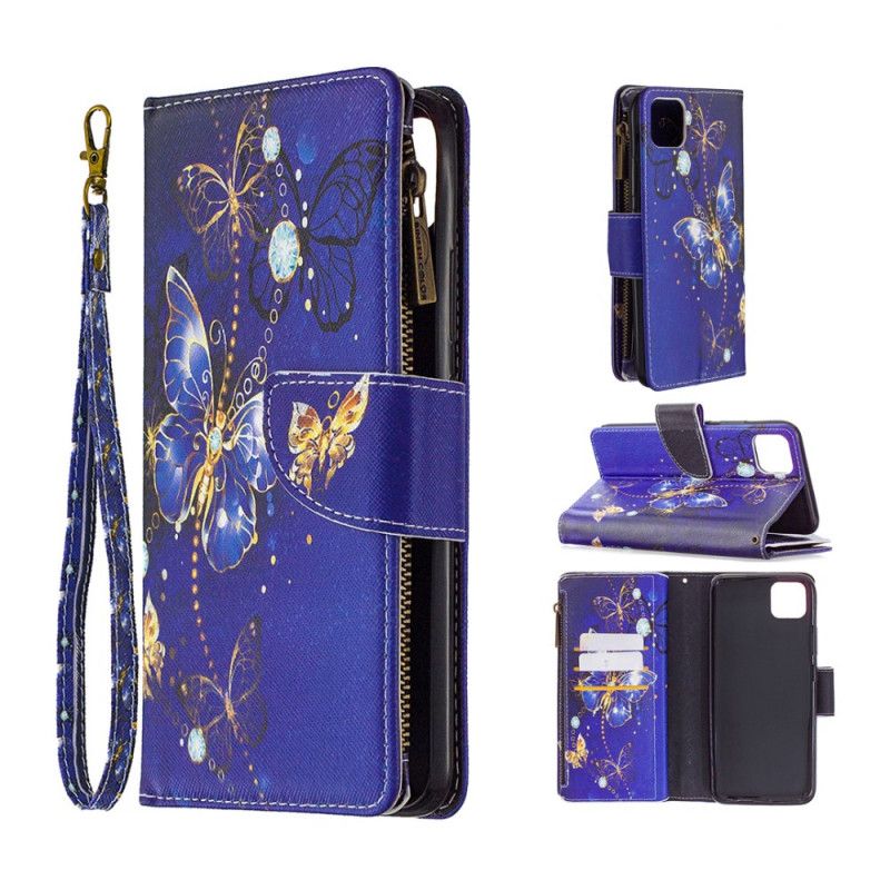 Leren Hoesje Realme C11 Lichtblauw Donkerblauw Telefoonhoesje Zak Met Ritssluiting Met Gouden Vlinders