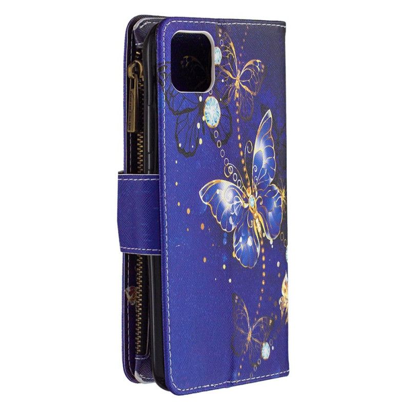 Leren Hoesje Realme C11 Lichtblauw Donkerblauw Telefoonhoesje Zak Met Ritssluiting Met Gouden Vlinders