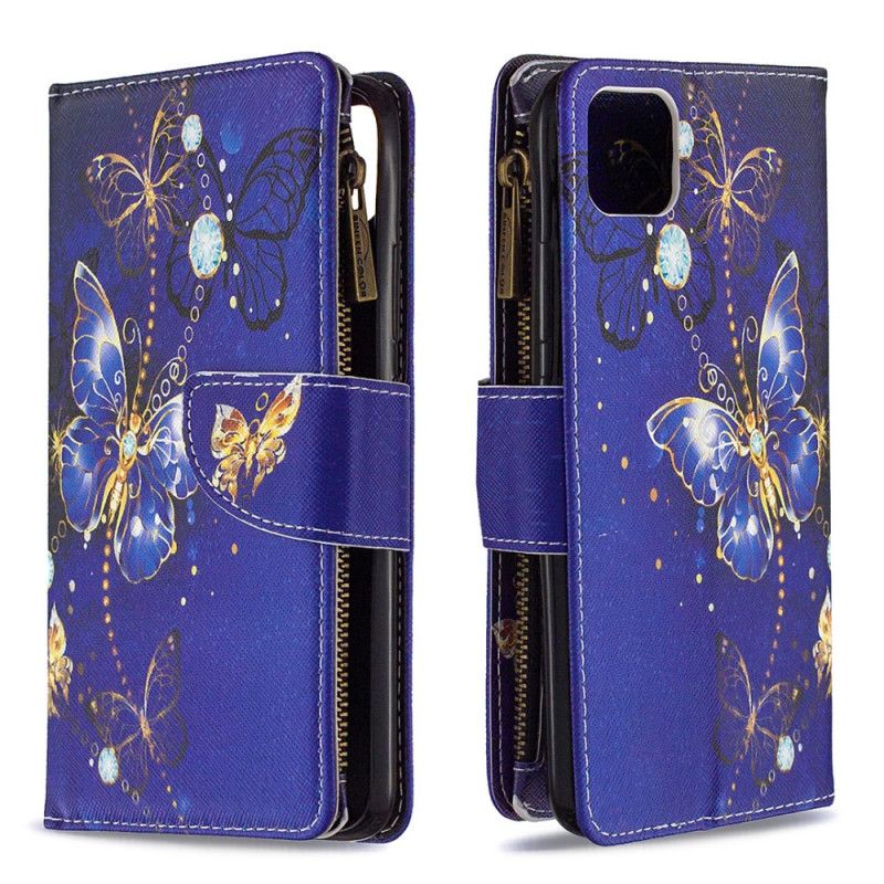 Leren Hoesje Realme C11 Lichtblauw Donkerblauw Telefoonhoesje Zak Met Ritssluiting Met Gouden Vlinders