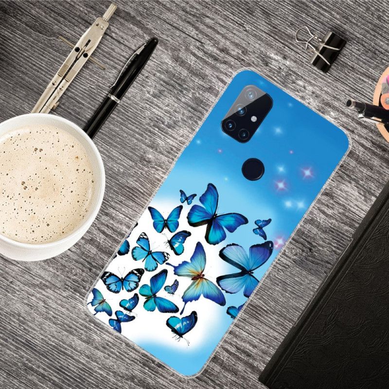 Case Hoesje OnePlus Nord N10 Goud Lichtblauw Telefoonhoesje Vlinders Vlinders