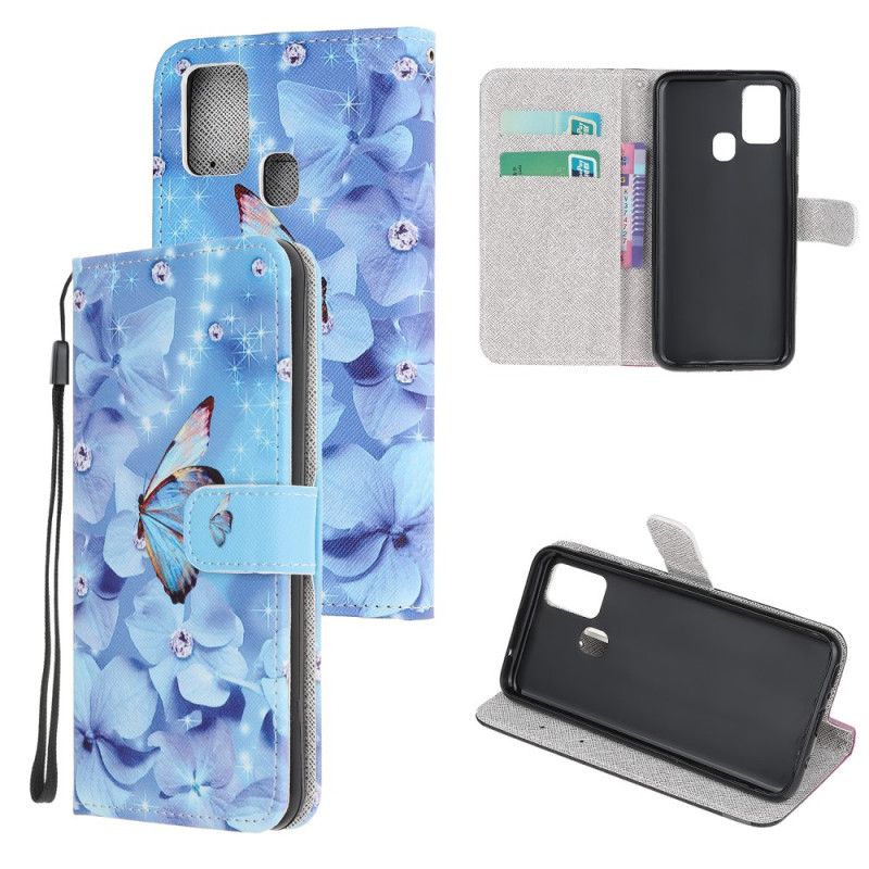 Flip Case Leren OnePlus Nord N10 Vlinders Diamanten Met String