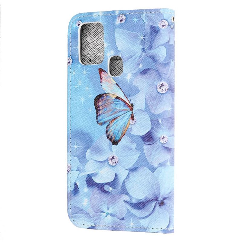 Flip Case Leren OnePlus Nord N10 Vlinders Diamanten Met String