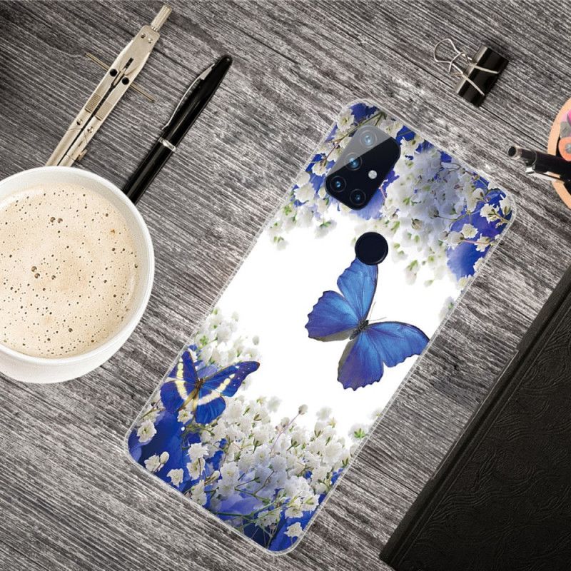 Hoesje voor OnePlus Nord N10 Goud Donkerblauw Design Vlinders