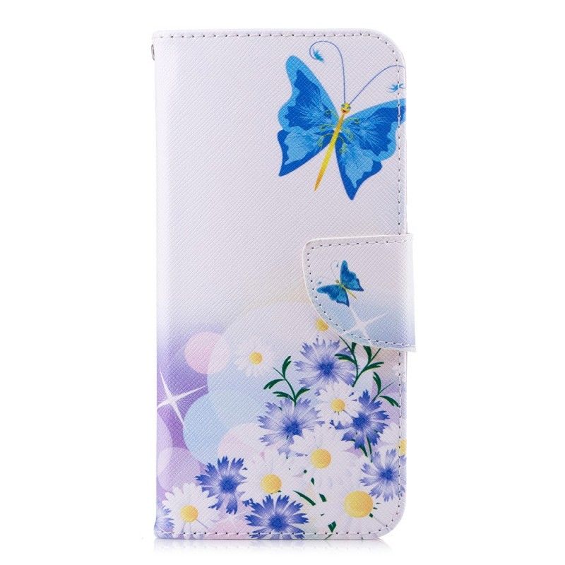 Leren Hoesje voor Honor 10 Lichtblauw Magenta Geschilderde Vlinders En Bloemen