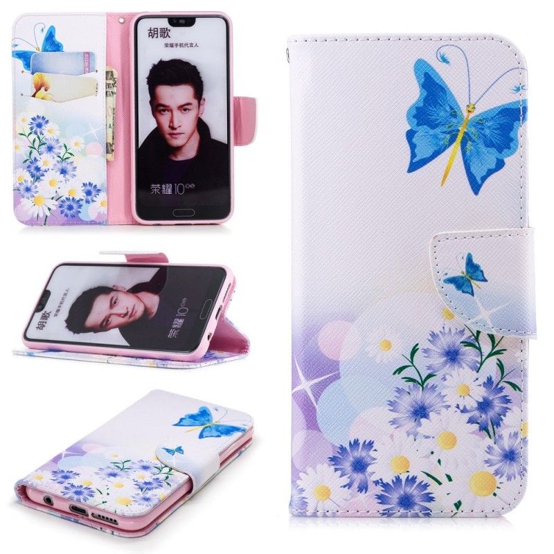 Leren Hoesje voor Honor 10 Lichtblauw Magenta Geschilderde Vlinders En Bloemen