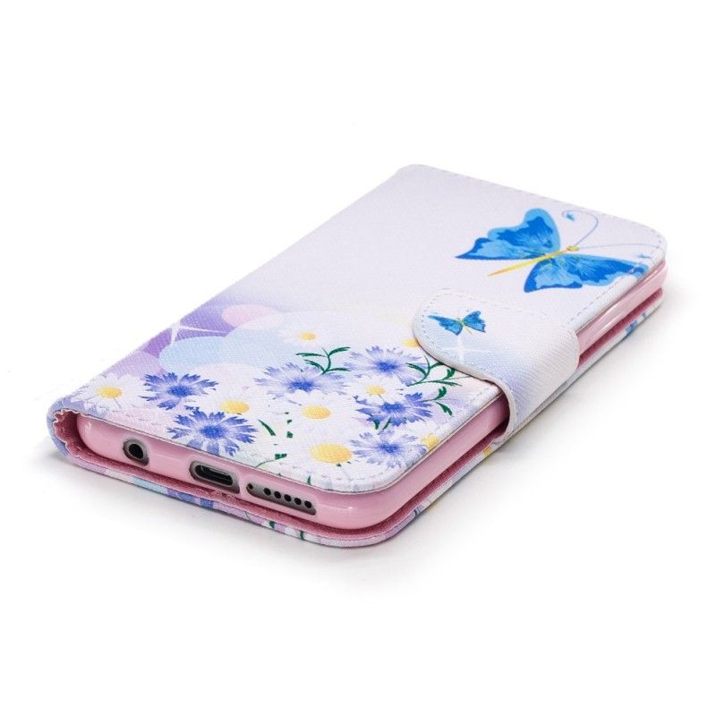 Leren Hoesje voor Honor 10 Lichtblauw Magenta Geschilderde Vlinders En Bloemen