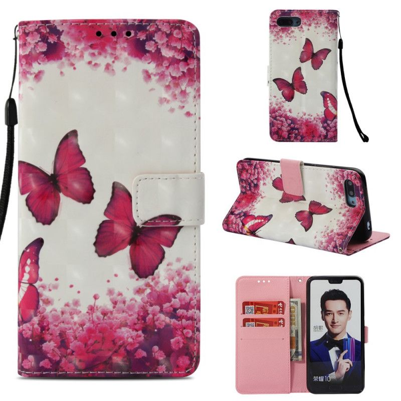 Leren Hoesje voor Honor 10 Rode Vlinders