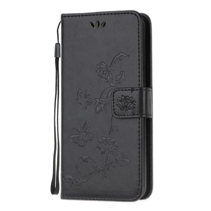 Flip Case Leren OnePlus Nord N100 Grijs Zwart Vlinders En Stringbloemen