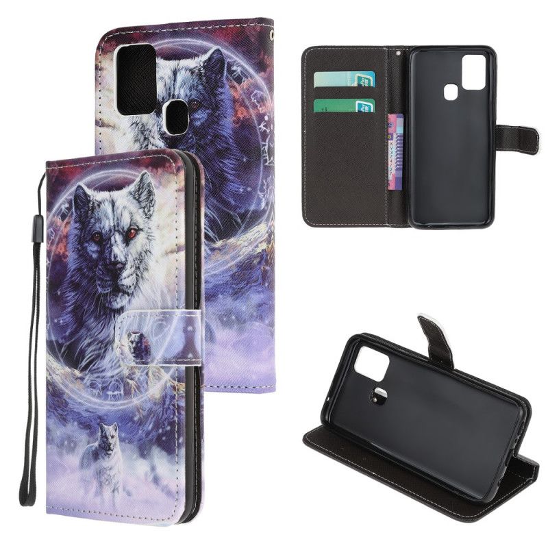 Flip Case Leren OnePlus Nord N100 Wolf In De Winter Met String