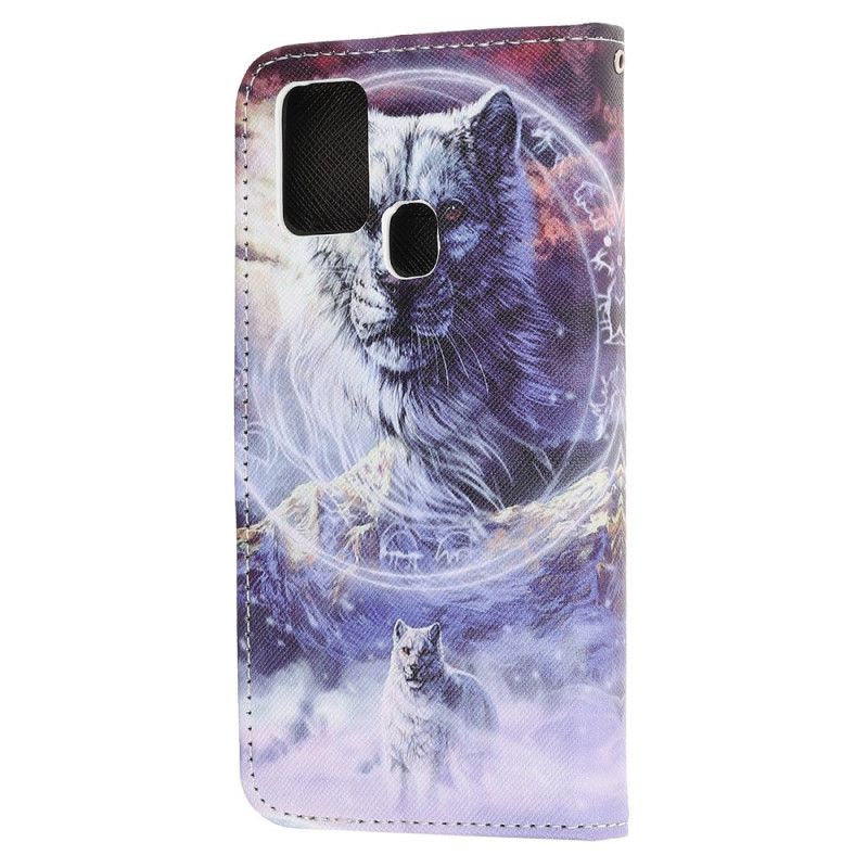 Flip Case Leren OnePlus Nord N100 Wolf In De Winter Met String